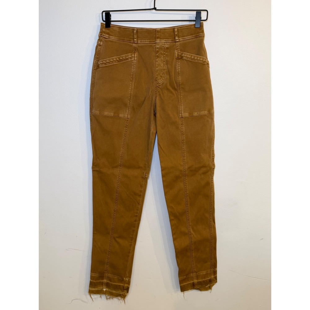 Spanx Stretch Twill Ankle Cargo Pants Brown High Rise Raw Hem Size M Medium